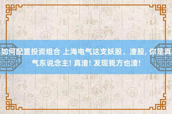 如何配置投资组合 上海电气这支妖股、渣股, 你是真气东说念主! 真渣! 发现我方也渣!